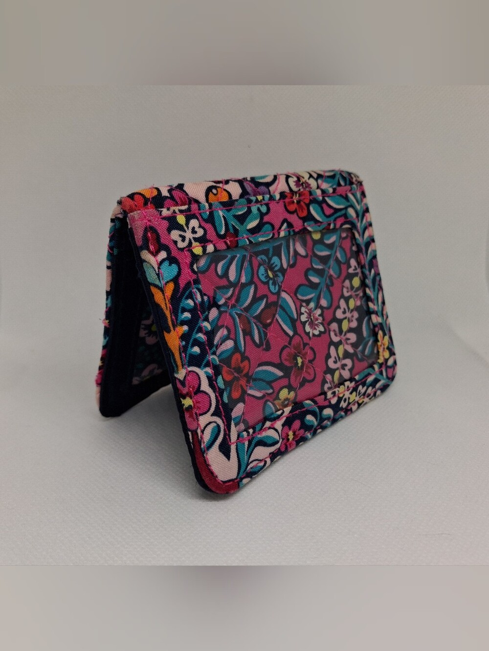 Vera Bradley Quilted Floral Trifold Wallet ID Window Navy Pink Snap Case